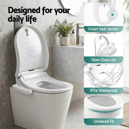 Hlpmedical Cefito Smart electric bidet toilet seat cover in D-shape, with SIAA certified antibacterial material, installed on a bathroom toilet.