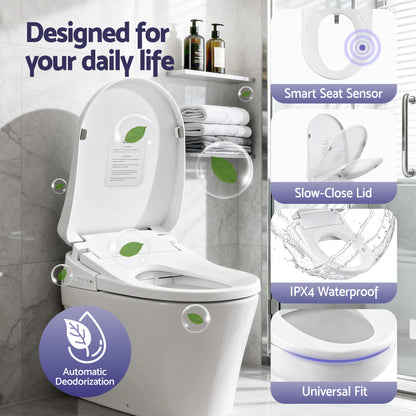 Hlpmedical Cefito Smart Electric Bidet Toilet Seat with wireless remote, heated dryer, and auto wash features in a bathroom setting.