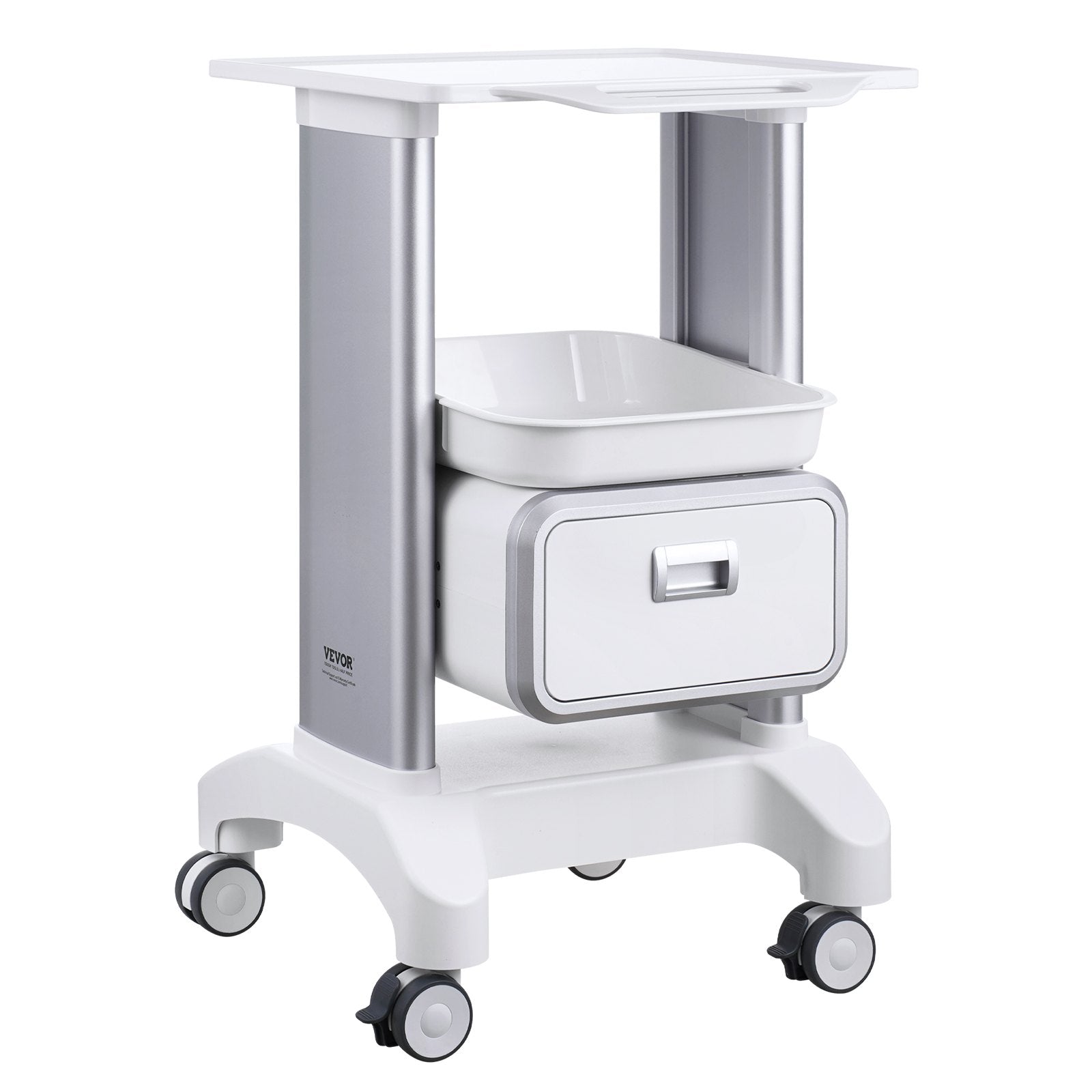 White 2-tier mobile medical lab cart with drawer and top tray, ideal for healthcare and laboratory organization.