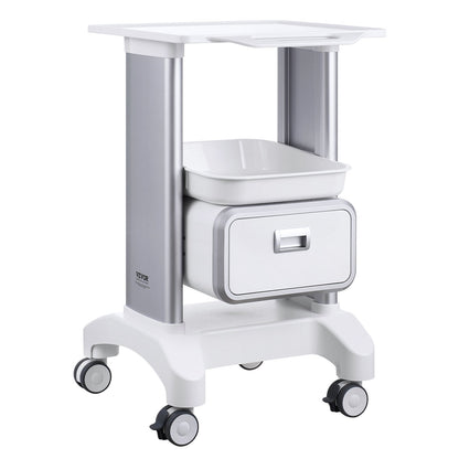 White 2-tier mobile medical lab cart with drawer and top tray, ideal for healthcare and laboratory organization.