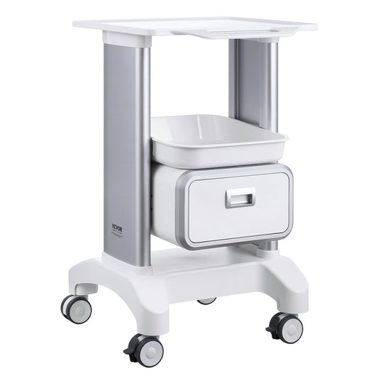 White 2-tier mobile medical lab cart with drawer and top tray, ideal for healthcare and laboratory organization.