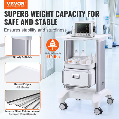 White 2-tier Hlpmedical mobile lab cart with drawer and top tray, ideal for medical or laboratory storage and transport.