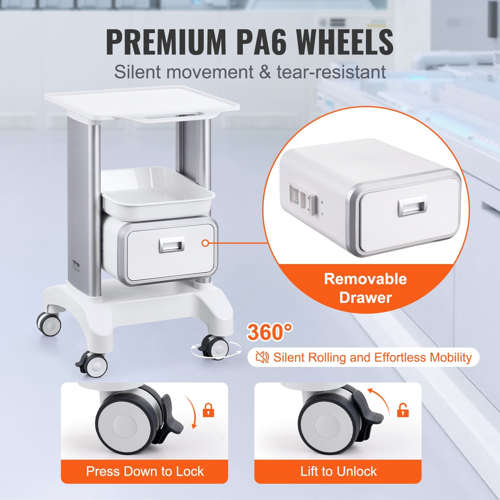 White 2-tier mobile lab cart with drawer and top tray, Hlpmedical kitchen trolley for medical and laboratory use.