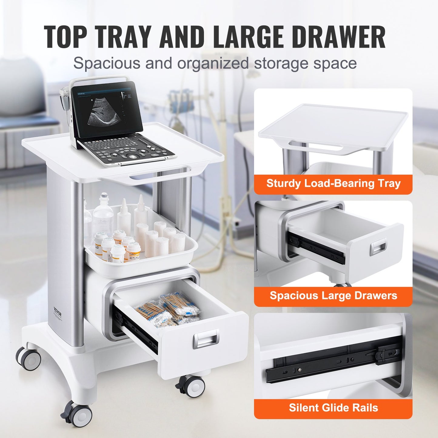 White 2-tier lab cart with a drawer and top tray, mobile medical cart by Hlpmedical, suitable for laboratory or medical use.