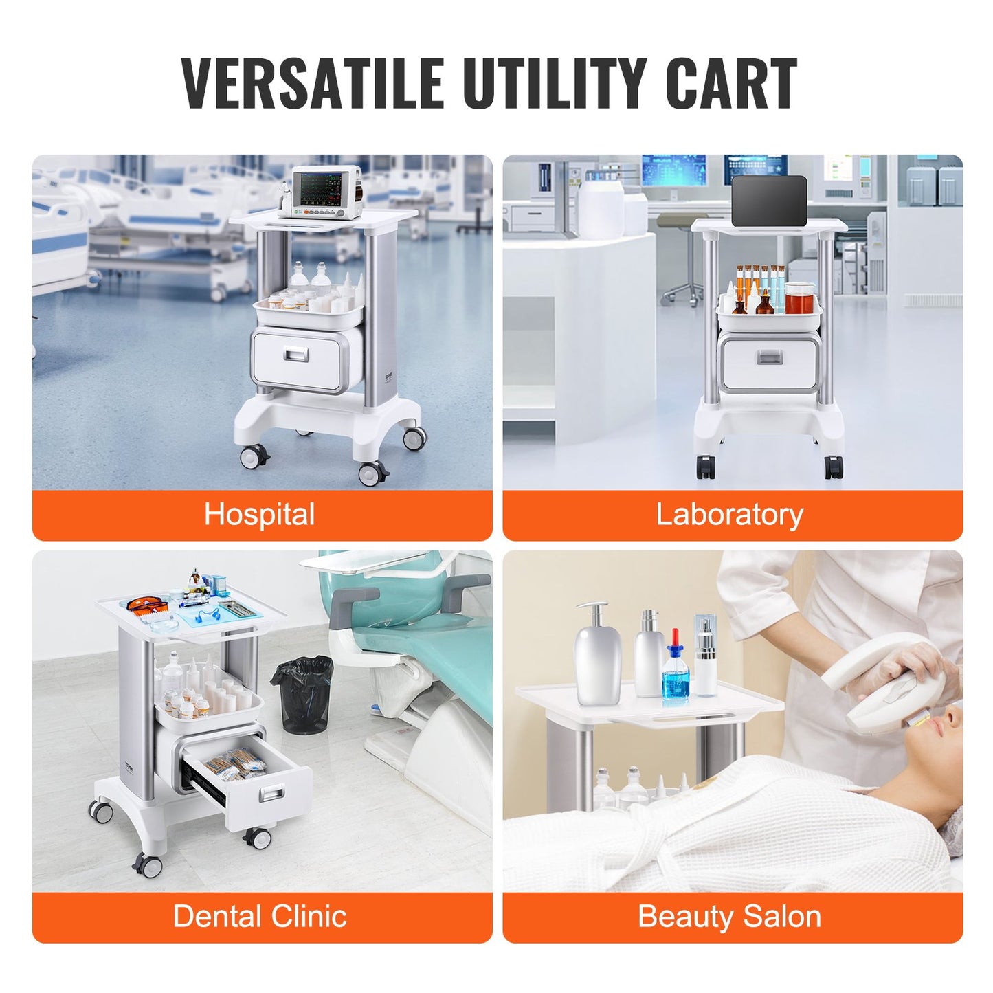 White 2-tiers mobile lab cart with one drawer and top tray, ideal for medical and laboratory use, by Hlpmedical.
