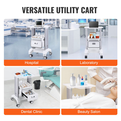 White 2-tiers mobile lab cart with one drawer and top tray, ideal for medical and laboratory use, by Hlpmedical.