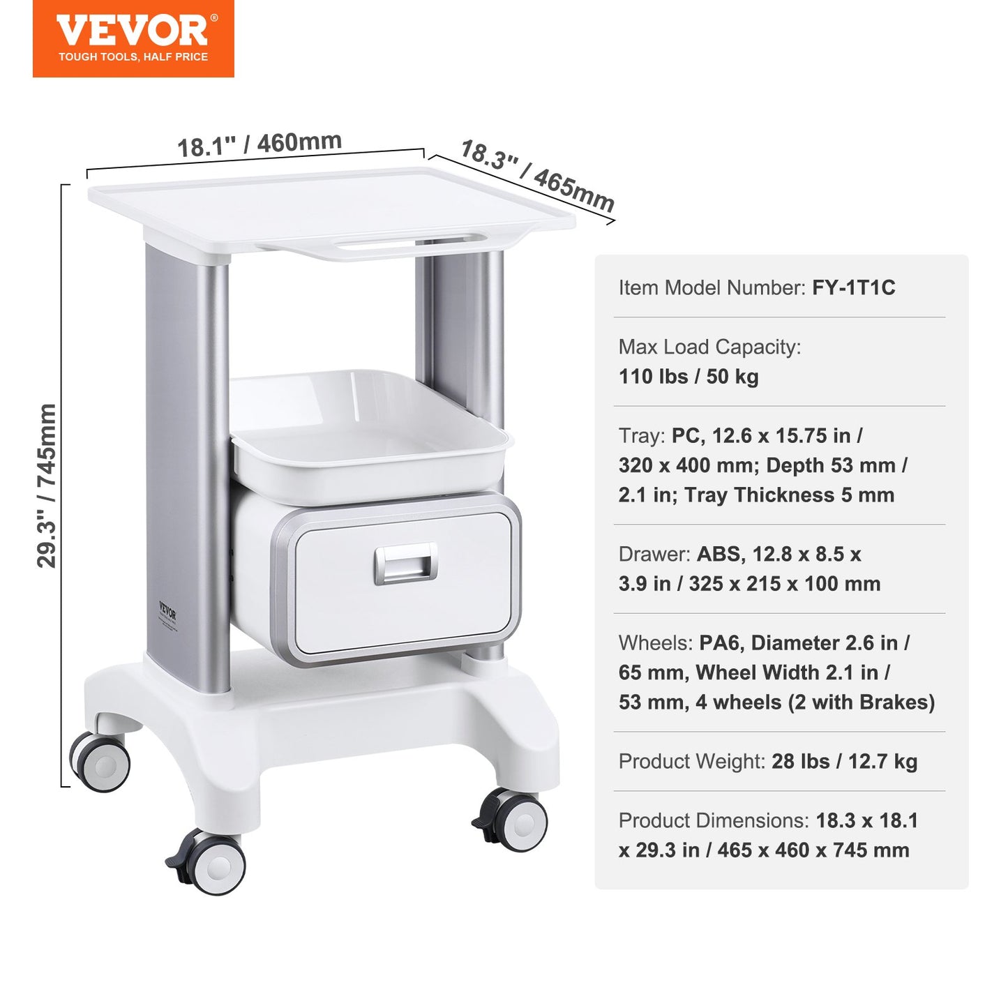 White 2-tier mobile medical cart with one drawer and top tray, used in healthcare and laboratory settings.