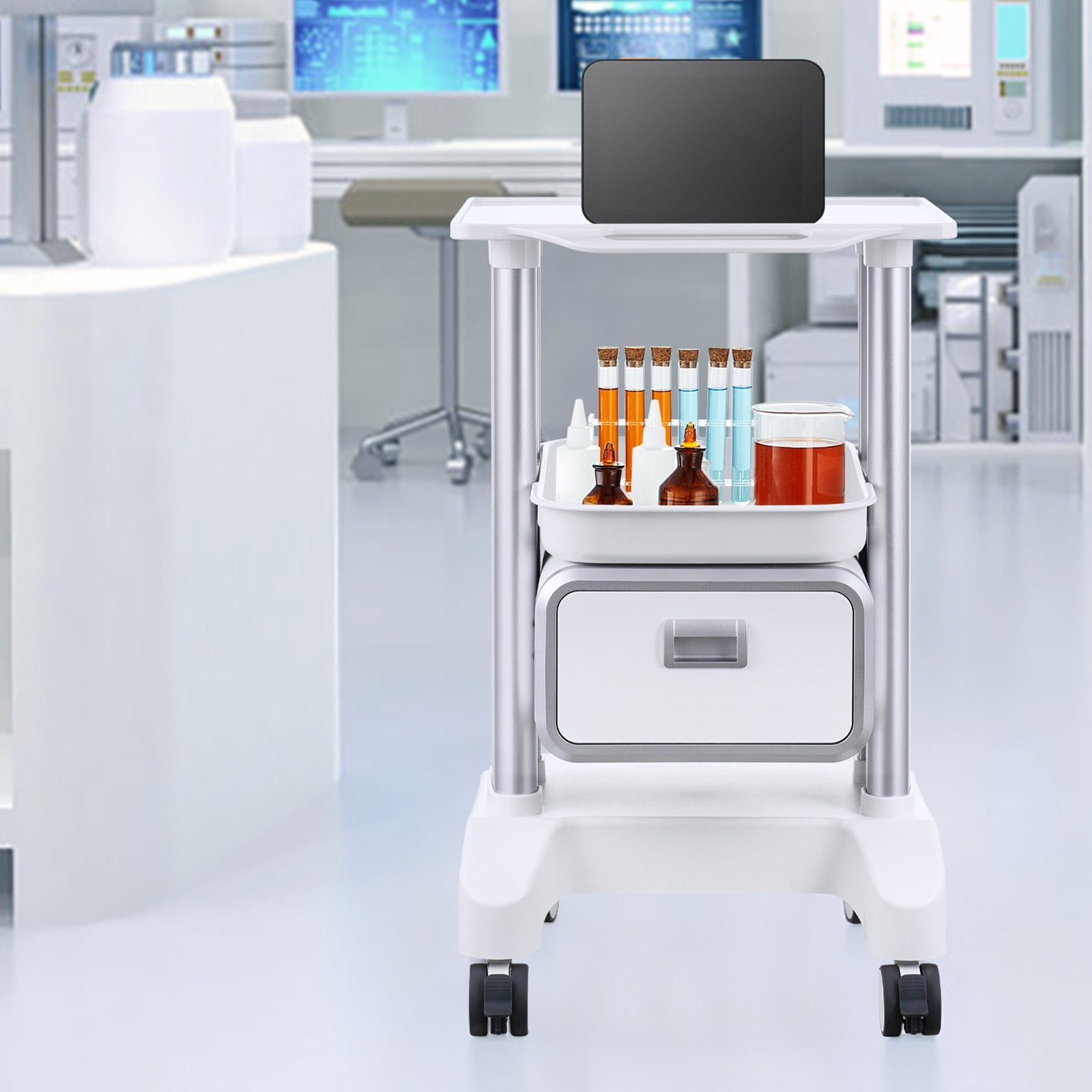 White 2-tiers Hlpmedical mobile lab cart with one drawer and top tray, designed for medical and laboratory storage.