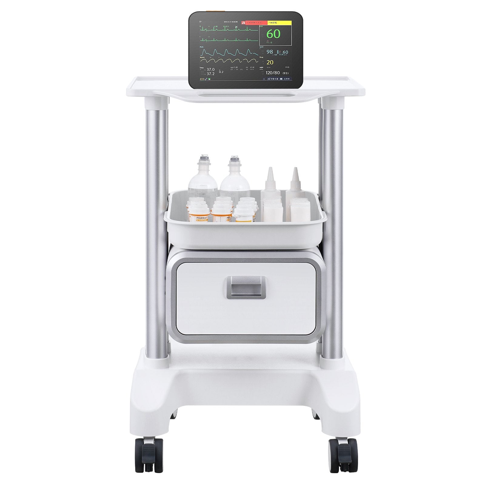 White 2-tiers Hlpmedical mobile medical cart with one drawer and top tray, ideal for laboratory or medical use.