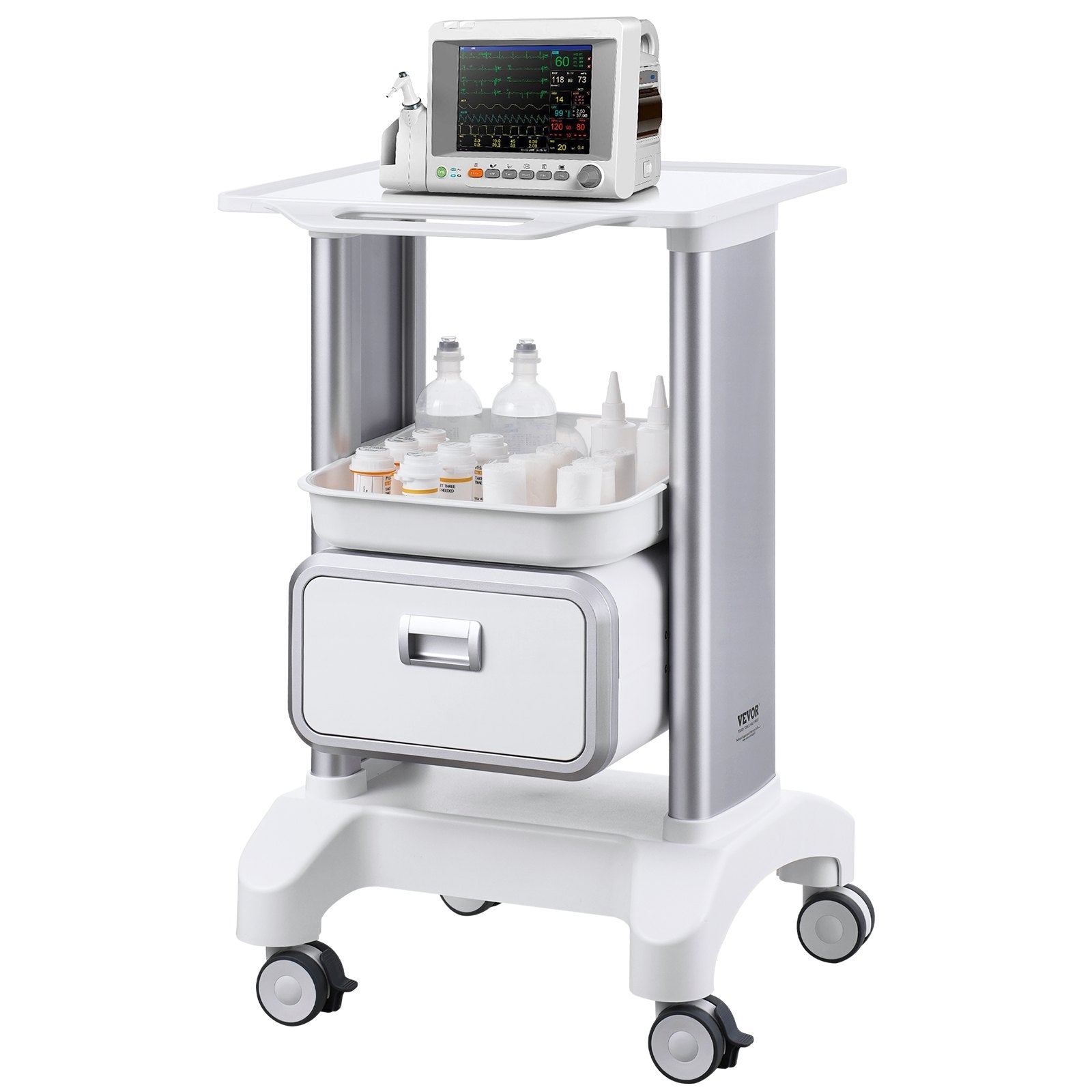 White 2-tier lab and medical cart with one drawer and top tray on casters, ideal for mobile medical or laboratory use.