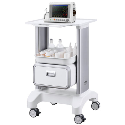 White 2-tier lab and medical cart with one drawer and top tray on casters, ideal for mobile medical or laboratory use.