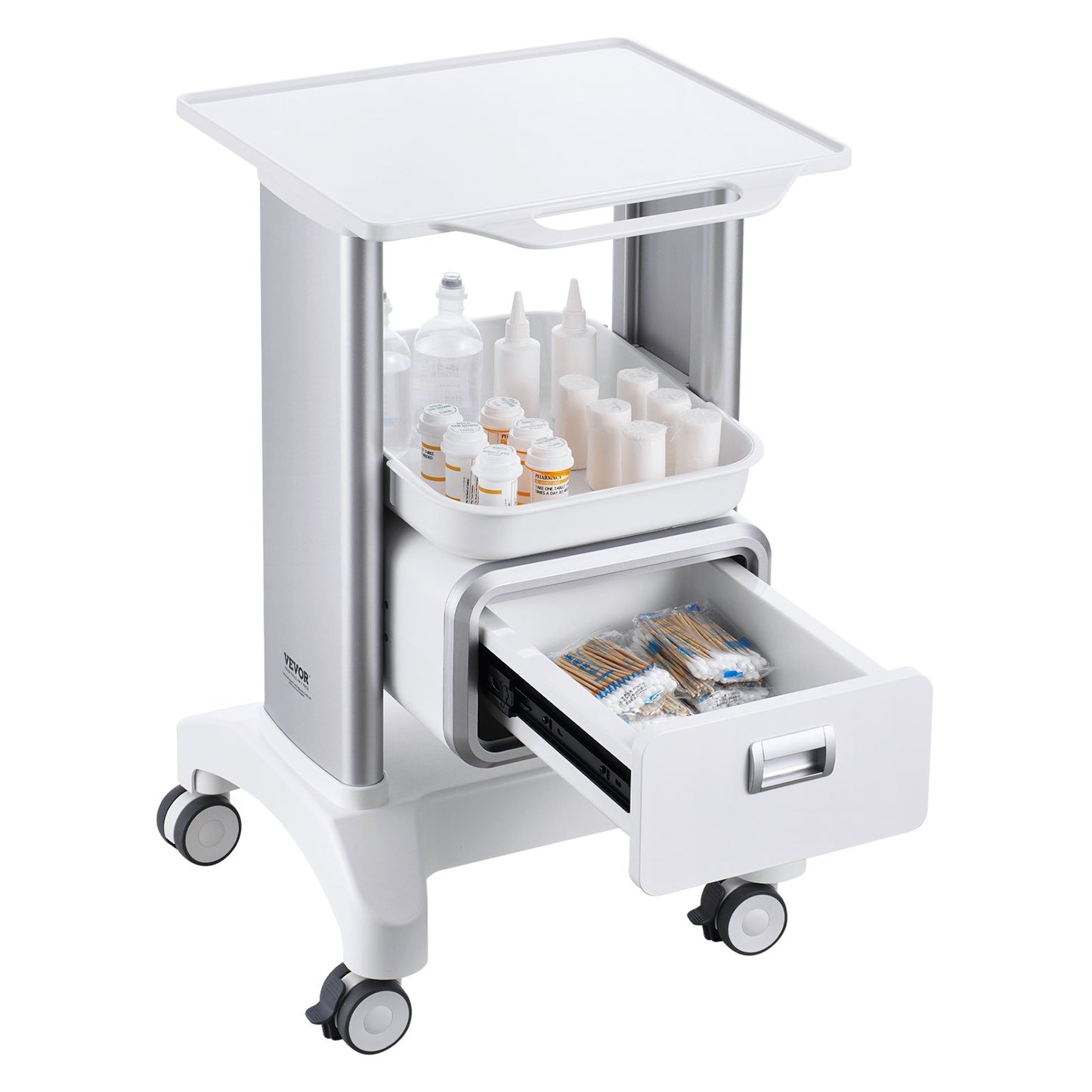 White 2-tier lab cart with a drawer and top tray, mobile medical trolley by Hlpmedical for kitchen or lab use.