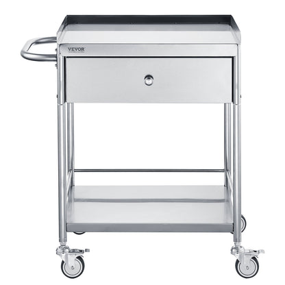 Hlpmedical 2-layer stainless steel medical cart with silent wheels, drawer, and 100kg capacity, suitable for lab, clinic, or kitchen use.