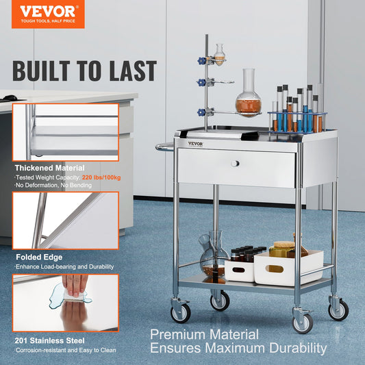 Hlpmedical 2-layer stainless steel medical cart with drawer, silent wheels, 100kg capacity, ideal for labs, clinics, kitchens, salons.