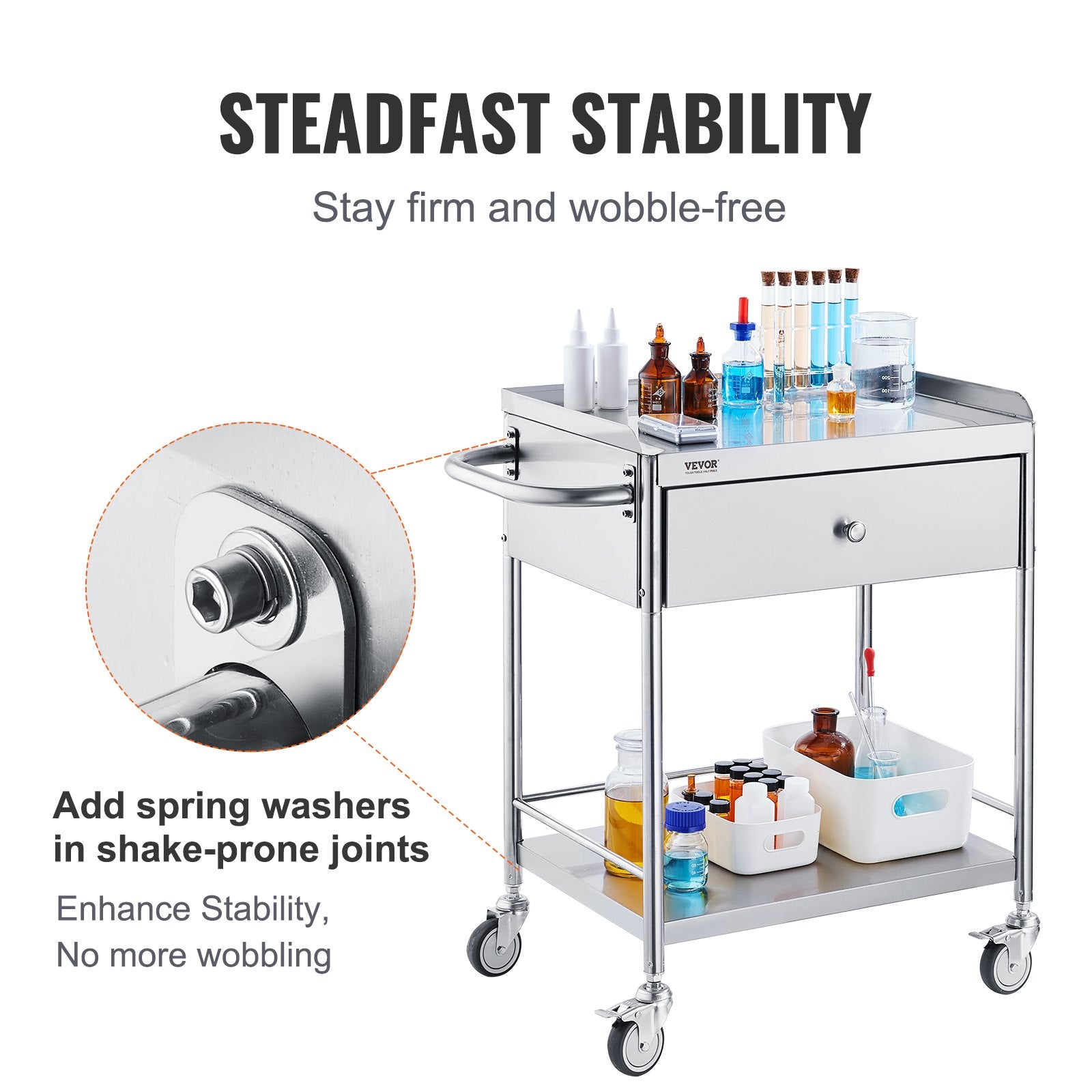 Hlpmedical 2-layer stainless steel medical cart with silent wheels, drawer, and 100kg capacity for lab, clinic, kitchen, or salon use.