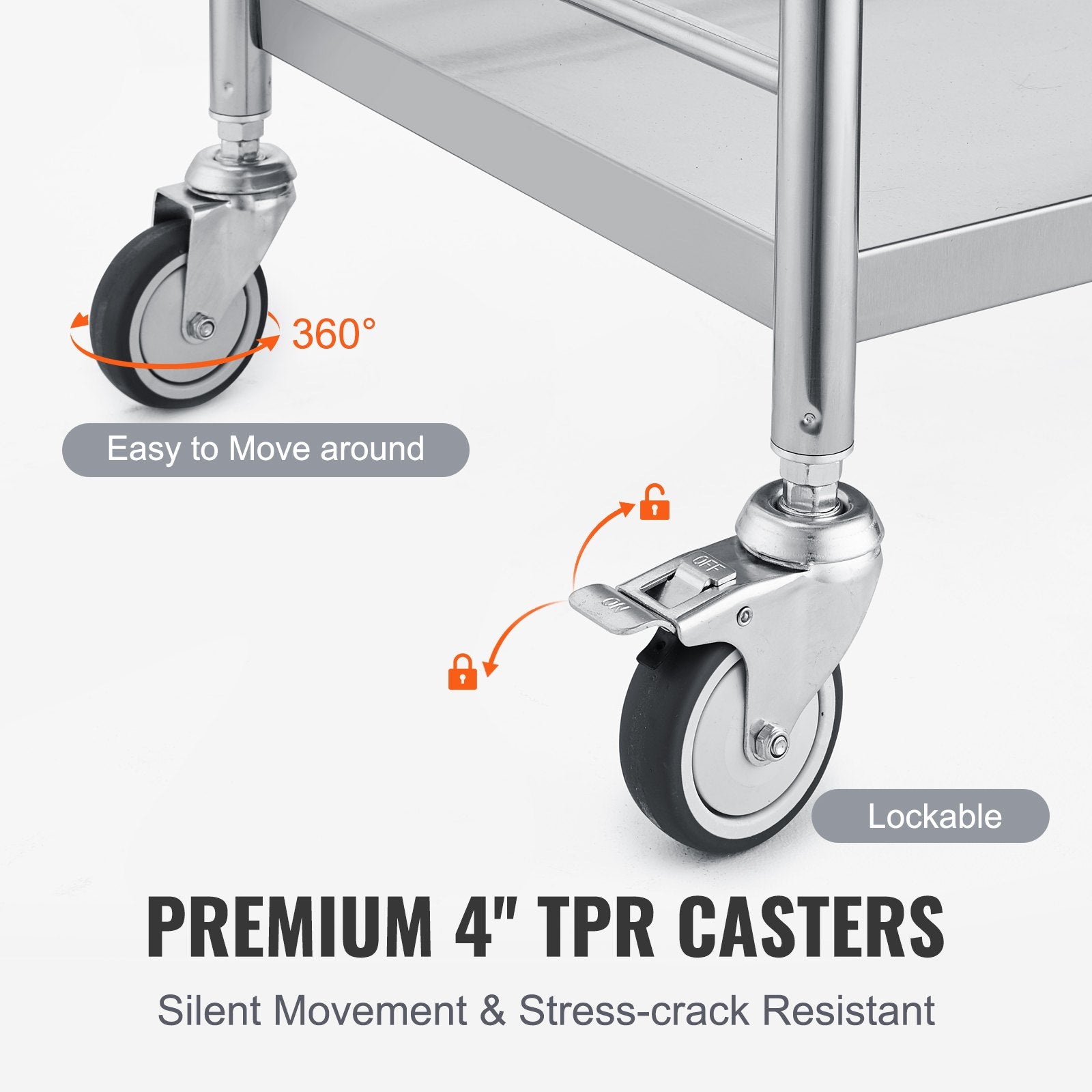 Hlpmedical 2-layer stainless steel medical cart with drawer, silent wheels, and 100kg capacity, suitable for lab, clinic, or kitchen use.