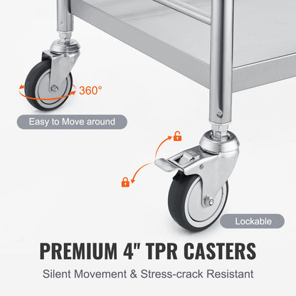 Hlpmedical 2-layer stainless steel medical cart with drawer, silent wheels, and 100kg capacity, suitable for lab, clinic, or kitchen use.