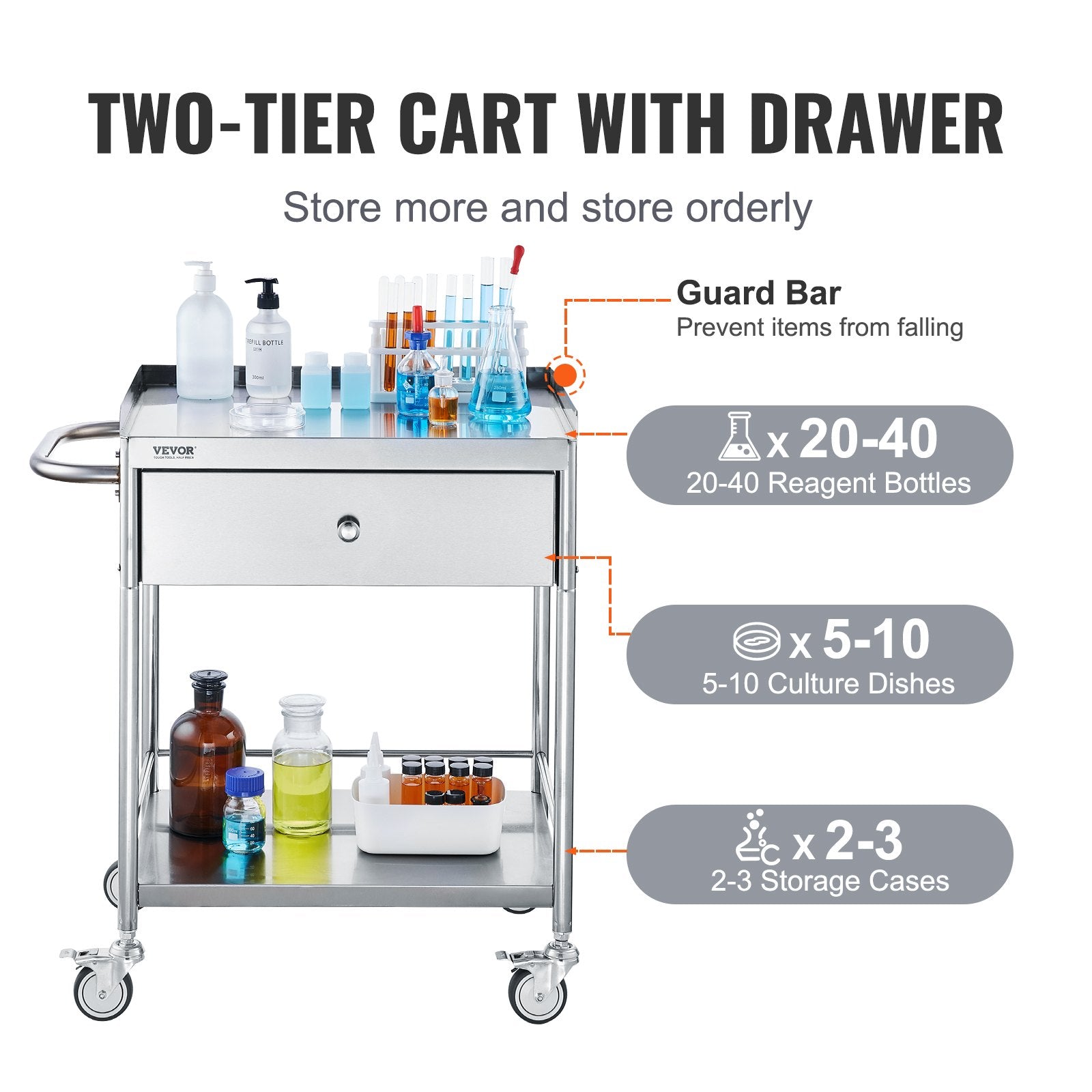 Hlpmedical 2-layer stainless steel medical cart with drawer, silent wheels, 100 kg capacity, suitable for lab, clinic, kitchen, salon.