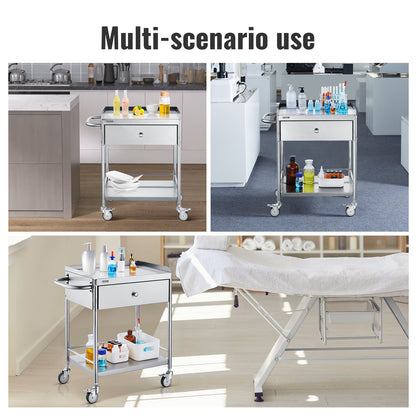 Hlpmedical 2-layer stainless steel medical cart with 100kg capacity, silent wheels, and a drawer for lab, clinic, kitchen, or salon use.