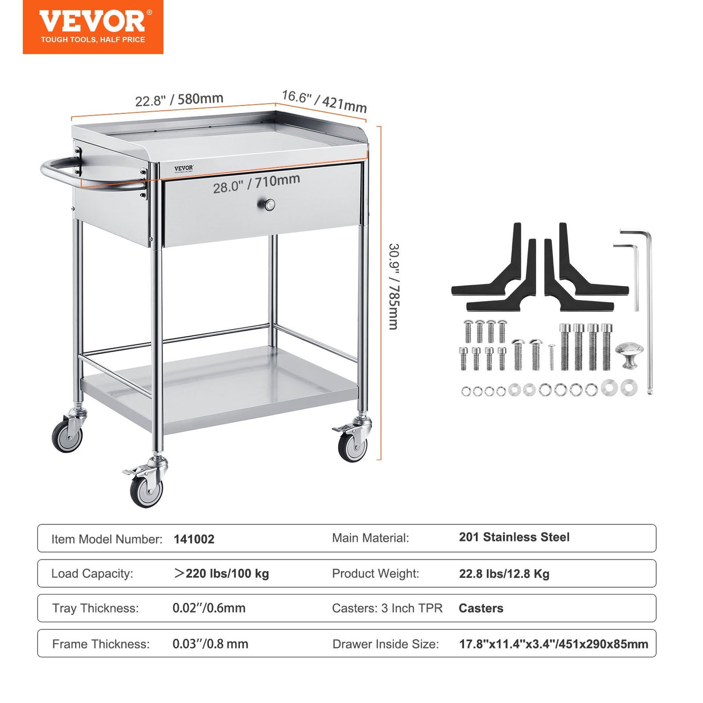 Stainless steel 2-layer medical cart with drawer, silent wheels, and 100 kg capacity, suitable for lab, clinic, kitchen, or salon.