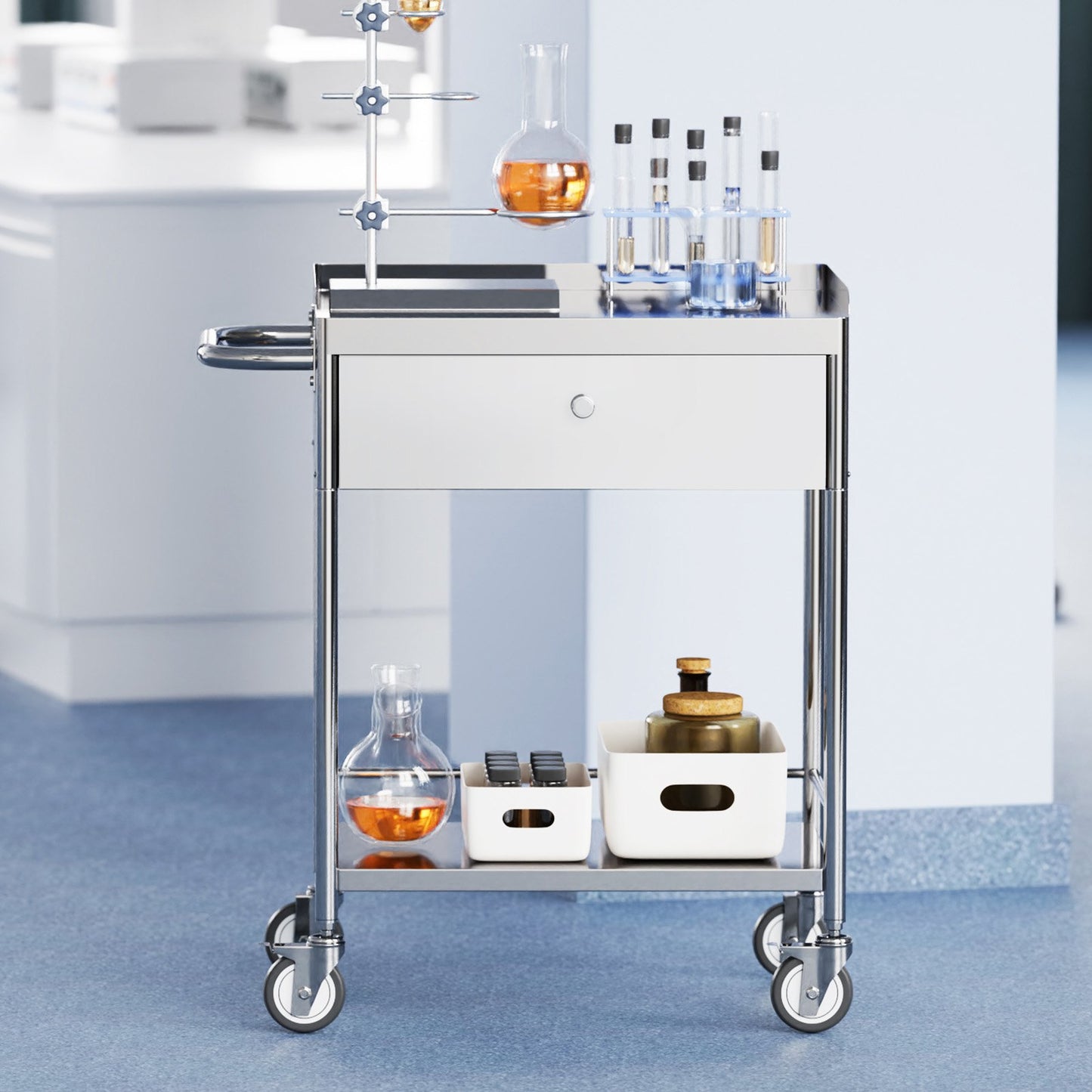 Hlpmedical 2-layer stainless steel medical cart with 100kg capacity, silent wheels, and drawer for lab, clinic, kitchen, or salon use.