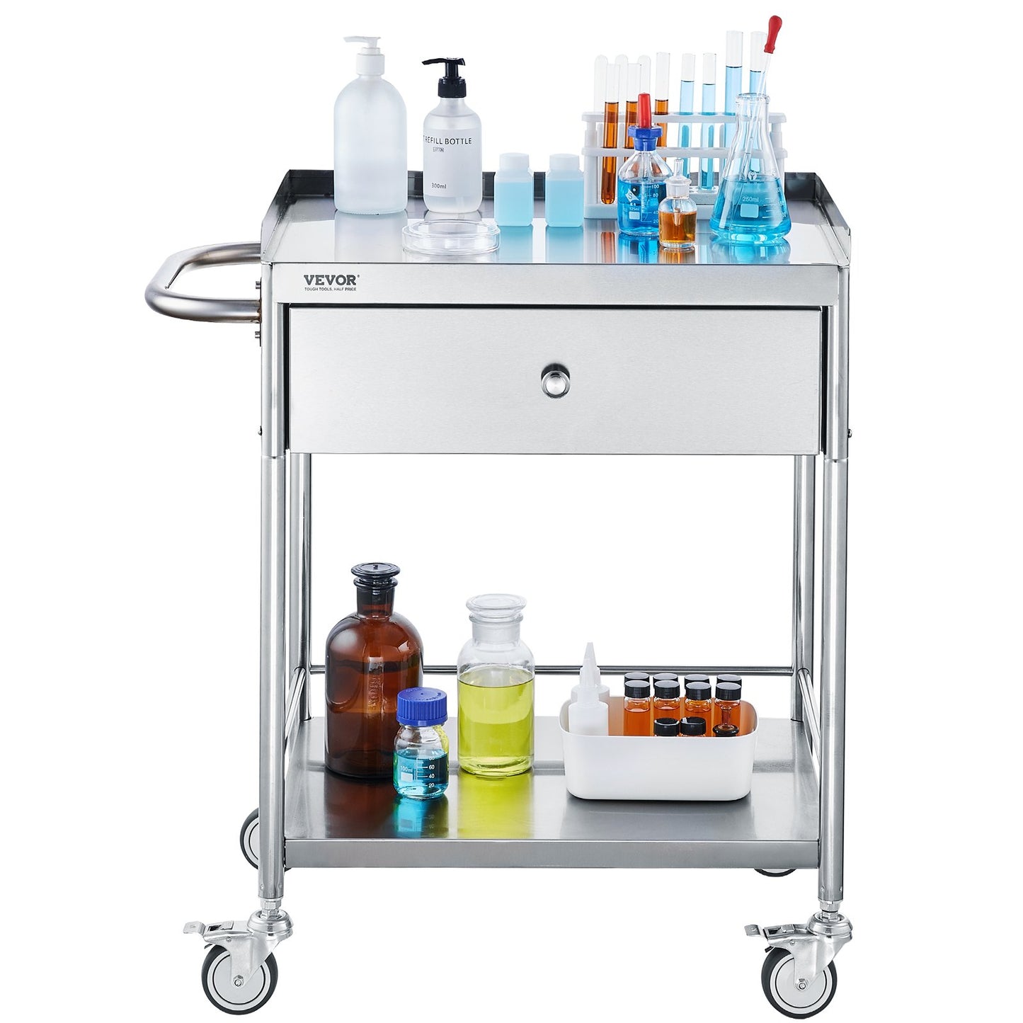 Hlpmedical 2-layer stainless steel medical cart with 100 kg capacity, silent wheels, and drawer for lab, clinic, kitchen, or salon use.