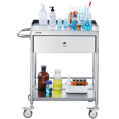 Hlpmedical 2-layer stainless steel medical cart with 100 kg capacity, silent wheels, and drawer for lab, clinic, kitchen, or salon use.