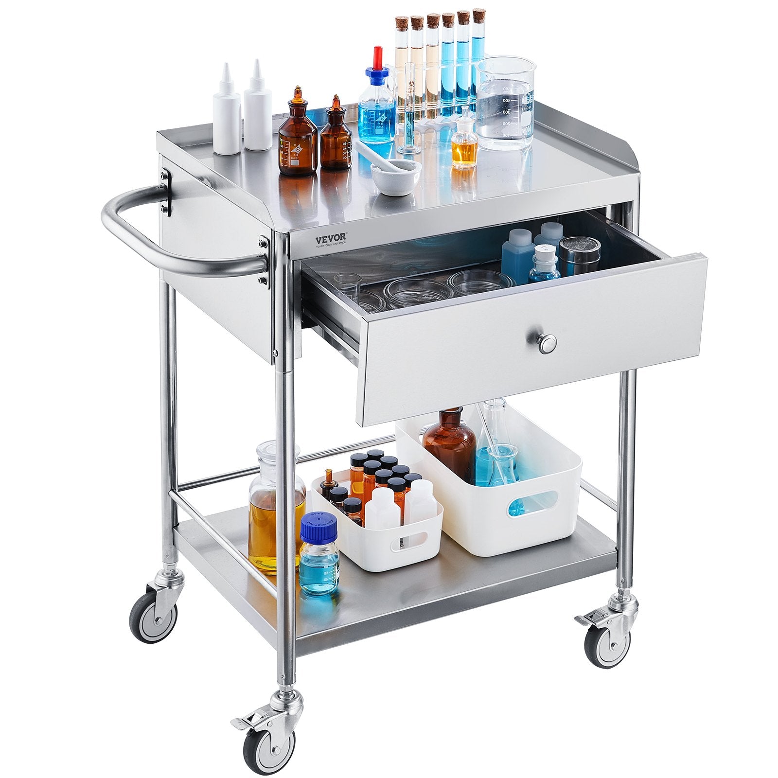 Hlpmedical 2-layer stainless steel medical cart with silent wheels, drawer, and 100 kg capacity, suitable for lab, clinic, or kitchen use.
