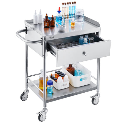 Hlpmedical 2-layer stainless steel medical cart with silent wheels, drawer, and 100 kg capacity, suitable for lab, clinic, or kitchen use.