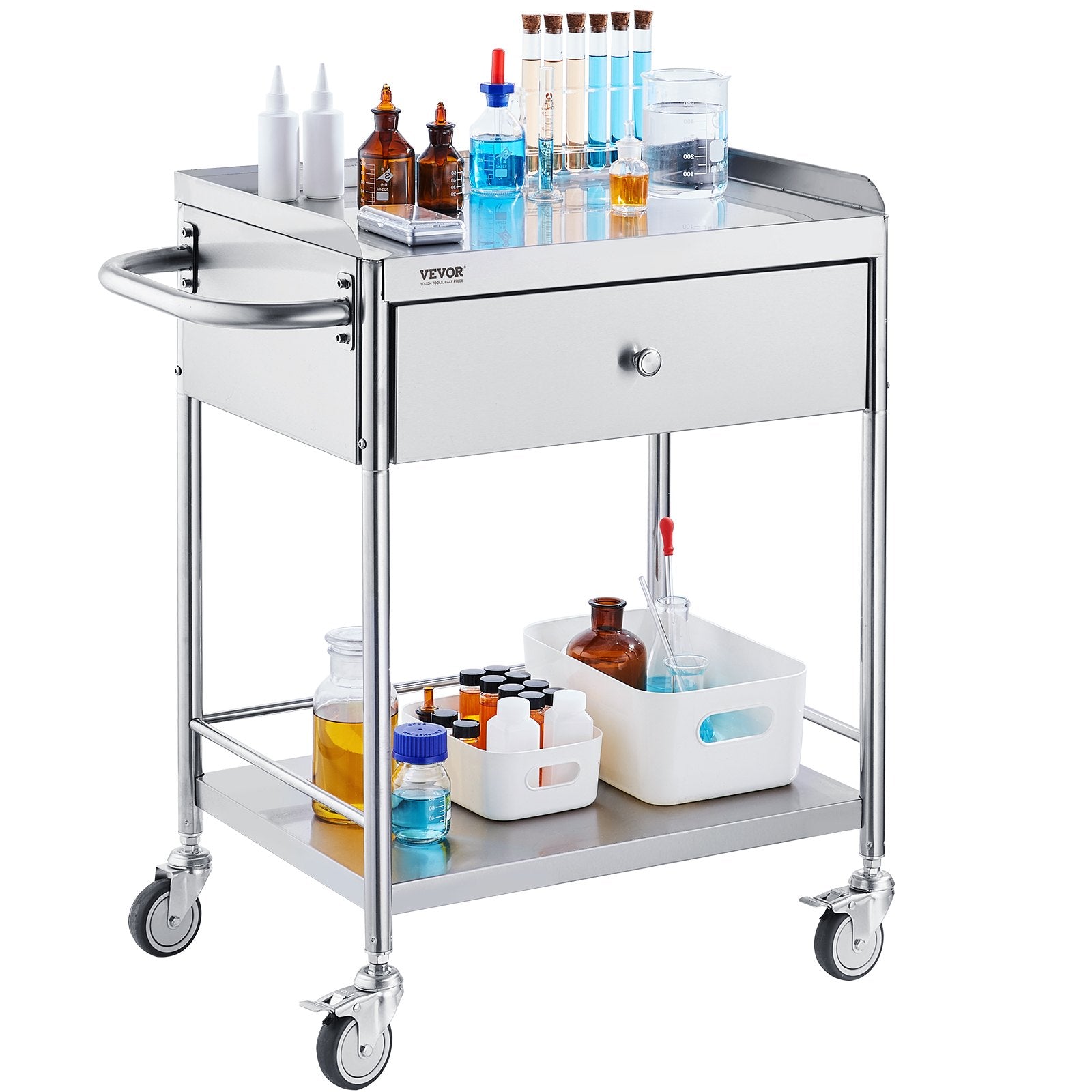 Hlpmedical 2-layer stainless steel medical cart with 100kg capacity, silent wheels, and drawer for lab, clinic, kitchen, or salon use.