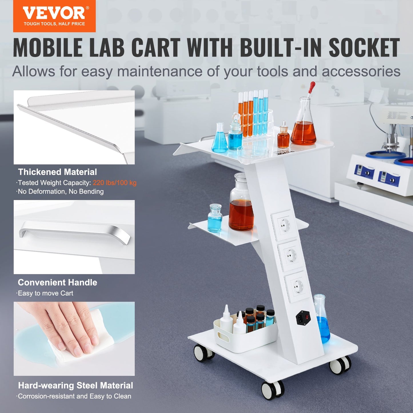 Hlpmedical dental lab mobile trolley cart with 3 layers, rolling design, and built-in socket for kitchen and dining use.