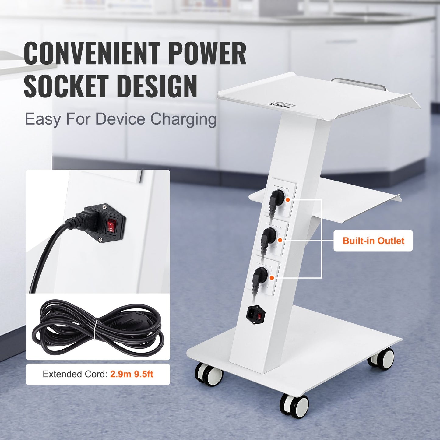 Hlpmedical dental lab mobile rolling trolley cart with 3 layers and built-in socket, used for serving and storage in kitchen or dental labs.