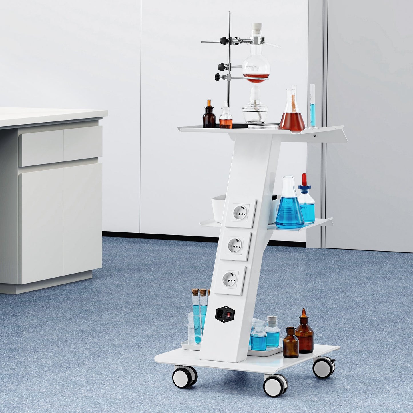 Hlpmedical dental lab mobile trolley cart with three shelves and built-in socket, used for serving or storage in clinical or kitchen settings.