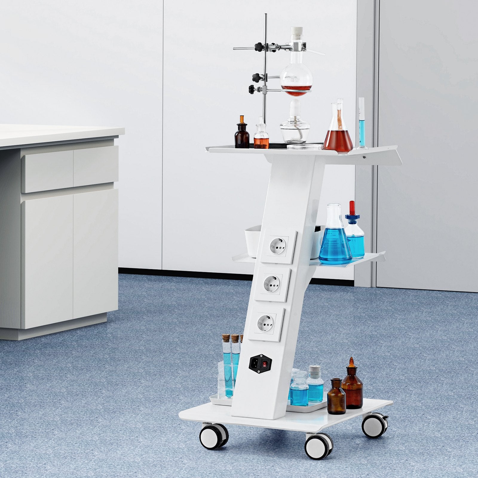 Hlpmedical dental lab mobile trolley cart with three shelves and built-in socket, used for serving or storage in clinical or kitchen settings.