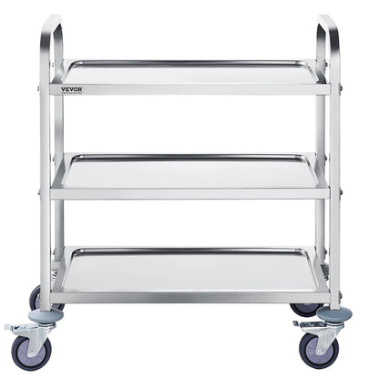 Stainless steel VEVOR 3-layer lab utility cart with lockable wheels, suitable for labs, clinics, kitchens, and salons.