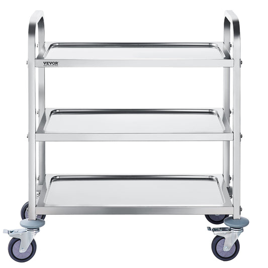 Stainless steel VEVOR 3-layer lab utility cart with lockable wheels, suitable for labs, clinics, kitchens, and salons.