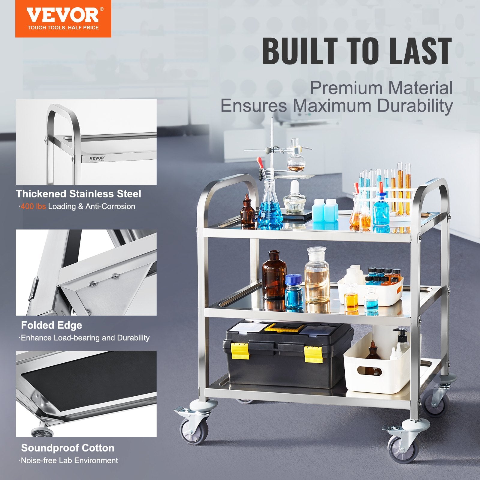 Stainless steel 3-layer lab utility cart with lockable wheels, ideal for medical, kitchen, and salon use, supporting 181 kg.