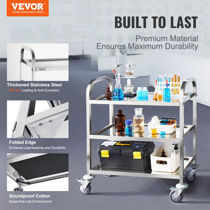 Stainless steel 3-layer lab utility cart with lockable wheels, ideal for medical, kitchen, and salon use, supporting 181 kg.
