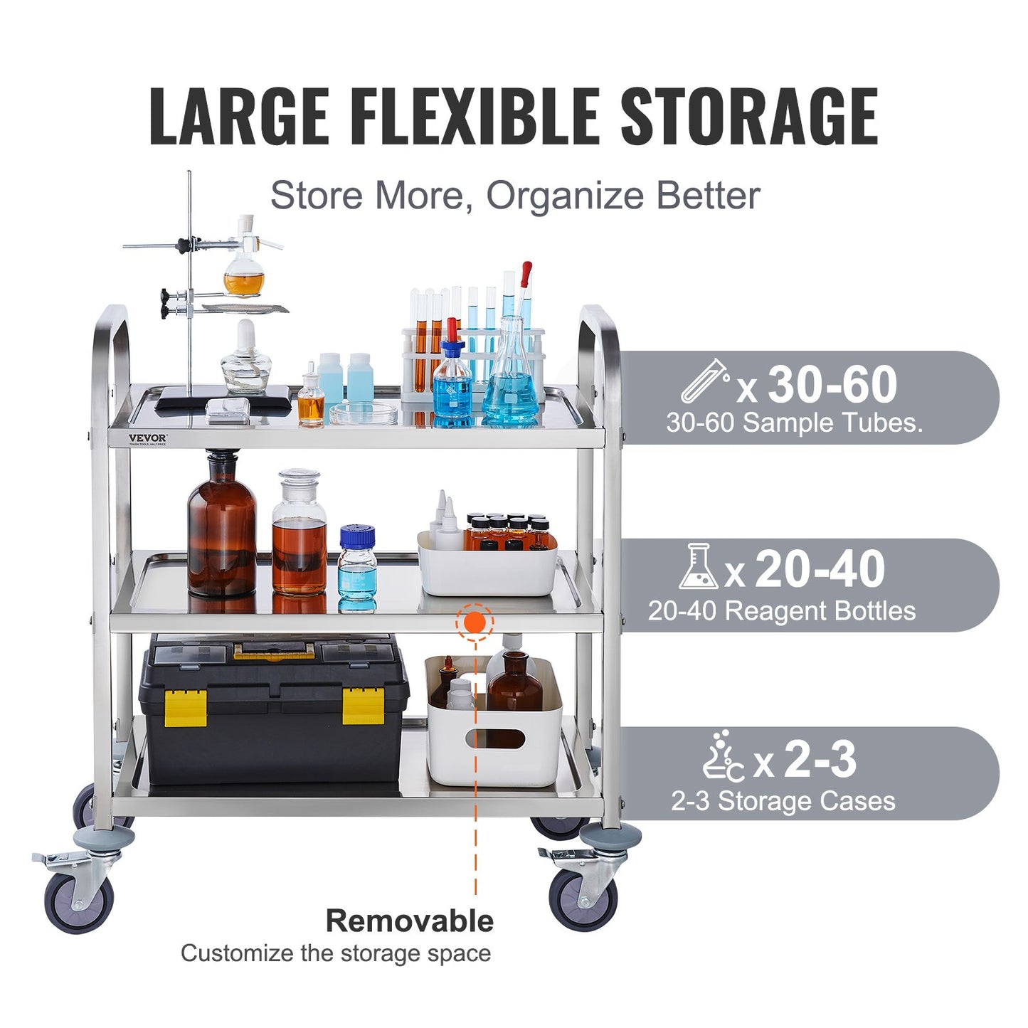 Stainless steel VEVOR 3-layer lab utility cart with lockable wheels, suitable for medical, lab, clinic, kitchen, and salon use.