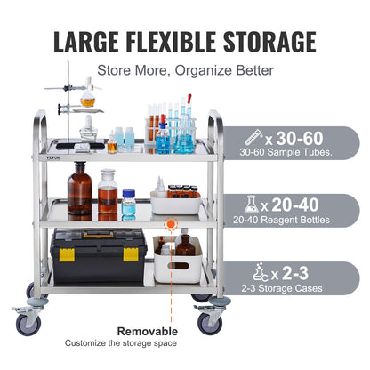 Stainless steel VEVOR 3-layer lab utility cart with lockable wheels, suitable for medical, lab, clinic, kitchen, and salon use.