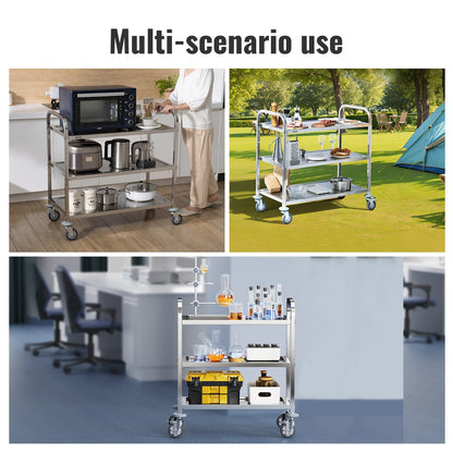 Vevor stainless steel 3-layer lab utility cart with lockable wheels, suitable for medical, lab, kitchen, and salon use.