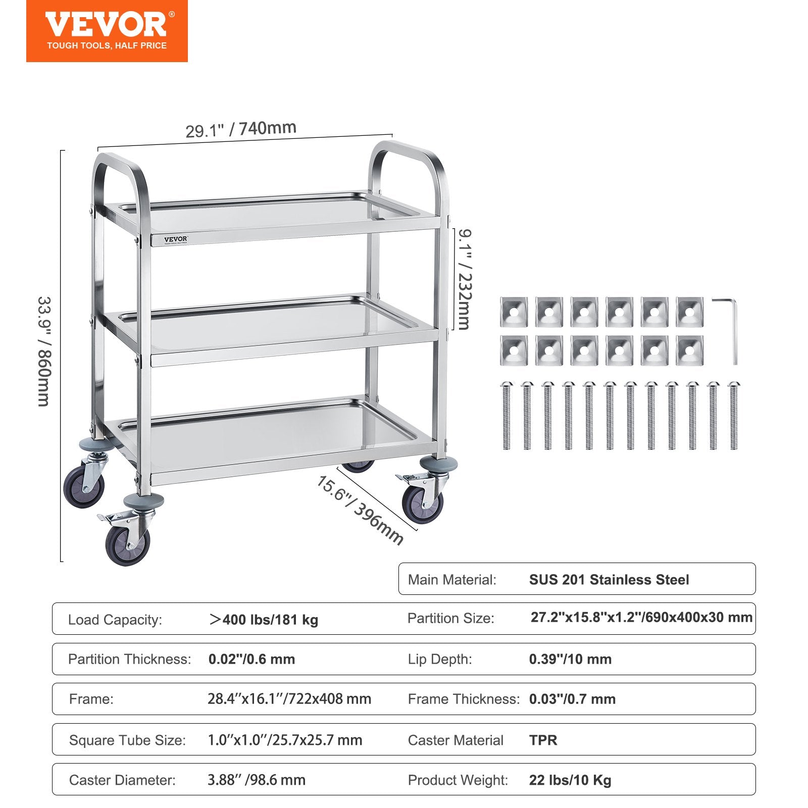 Stainless steel VEVOR 3-layer lab utility cart with lockable wheels, ideal for medical, kitchen, or salon use.