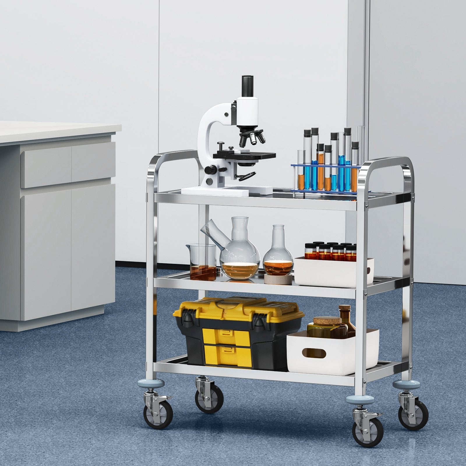 Stainless steel VEVOR 3-layer lab utility cart with lockable wheels, suitable for medical, lab, clinic, kitchen, or salon use.