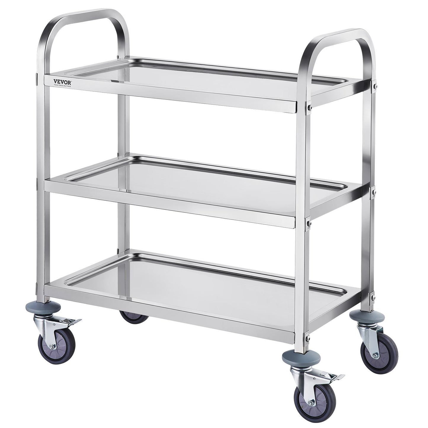 Stainless steel VEVOR 3-layer lab utility cart with lockable wheels, suitable for medical, lab, kitchen, and salon use.