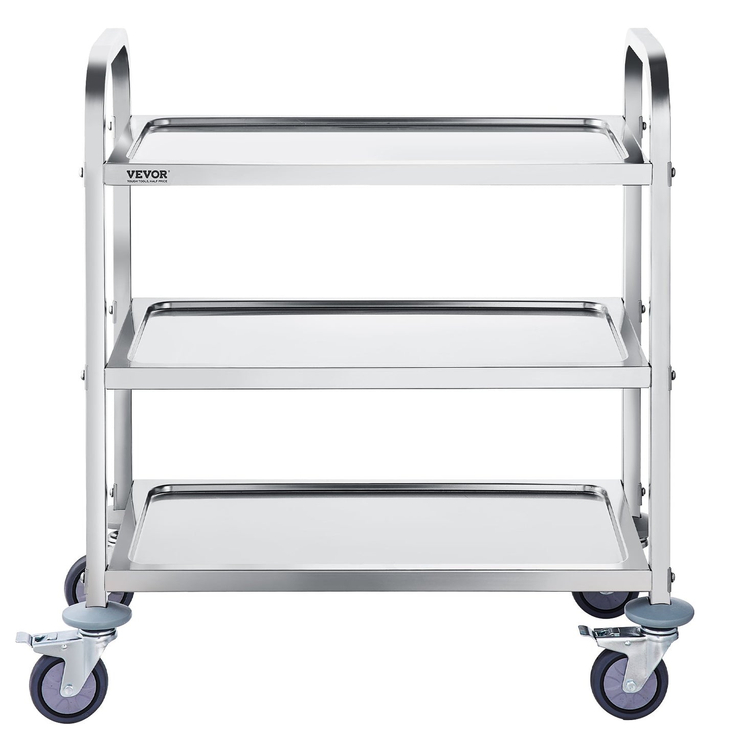 Stainless steel 3-layer lab utility cart with lockable wheels, designed for medical, clinic, kitchen, and salon use.