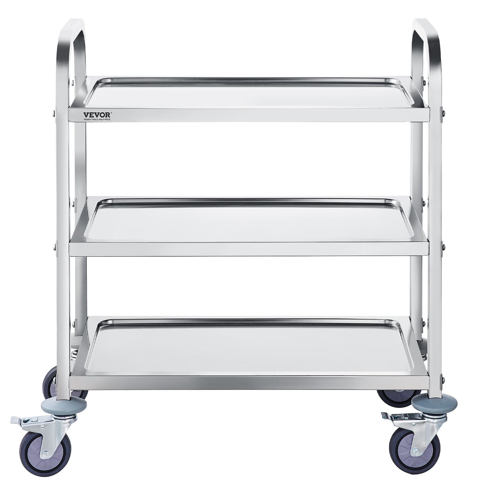 Stainless steel 3-layer lab utility cart with lockable wheels, designed for medical, clinic, kitchen, and salon use.