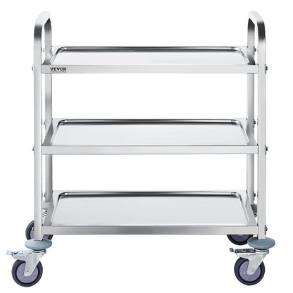Stainless steel 3-layer lab utility cart with lockable wheels, designed for medical, clinic, kitchen, and salon use.