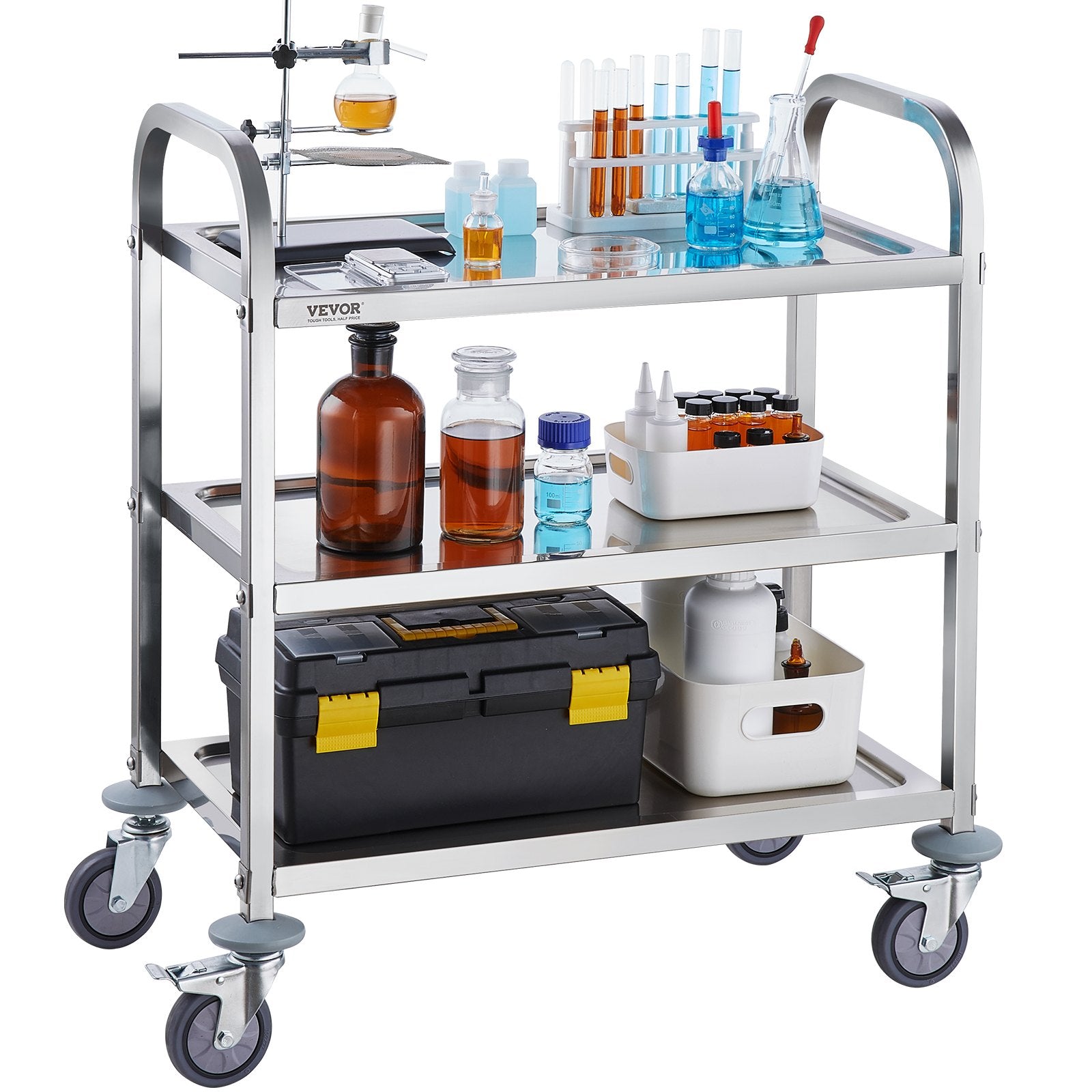 Stainless steel VEVOR lab utility cart with 3 layers, lockable wheels, ideal for lab, clinic, kitchen, and salon use.