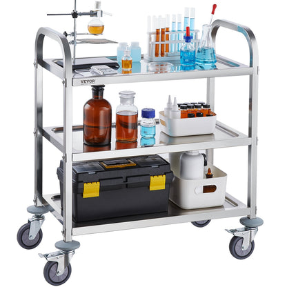 Stainless steel VEVOR lab utility cart with 3 layers, lockable wheels, ideal for lab, clinic, kitchen, and salon use.