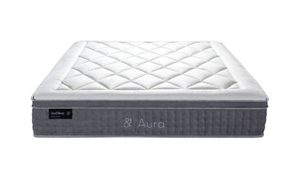 Hlpmedical And Sleep Aura Queen Mattress on a bed frame, showcasing its plush surface and supportive design for comfortable sleep.
